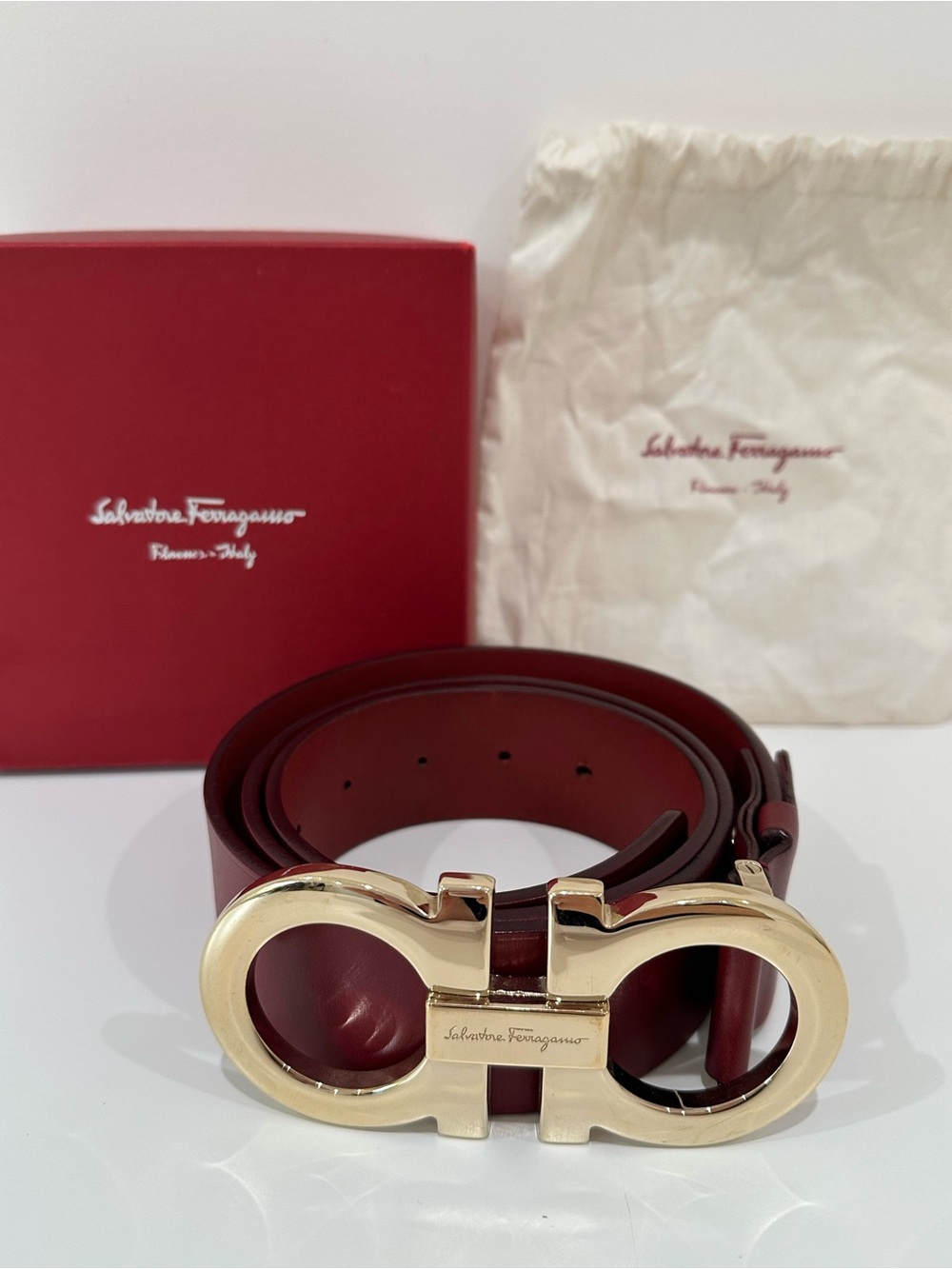 Salvatore Ferragamo Gold Gancini Buckle Leather Belt with Burgundy Strap